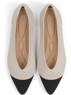 Women's Black And Beige Pointed Toe Knit Ballet Comfortable Slip On Flat Shoes